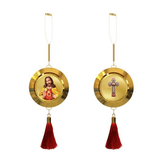 Diviniti 24K Gold Plated Double-Sided Jesus Christ & Holy Cross Car Dangler (5.5 cm) | Divine Hanging Car Decor for Protection, Positive Energy & Spiritual Blessings