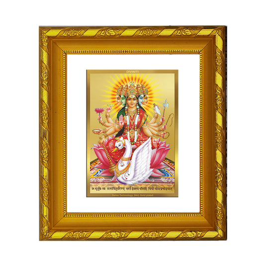 DIVINITI 24K Gold Plated Foil Gayatri Mata Wall Photo Frame For Living Room, Gift, Puja (15.0 X 13.0 CM)