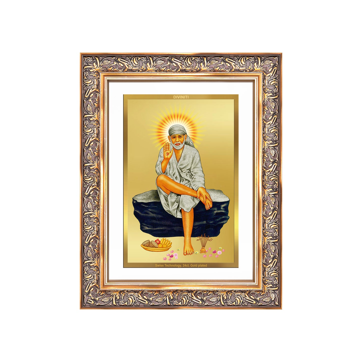 Diviniti 24K Gold Plated Sai Baba (Classic) Divine Wall Frame for Home Mandir & Office Decor | Luxury Spiritual Gift