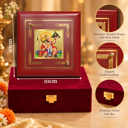 24K Gold-Plated Hanuman with Sanjeevani Mountain MDF Frame | Premium Gift Box | 10x10 CM