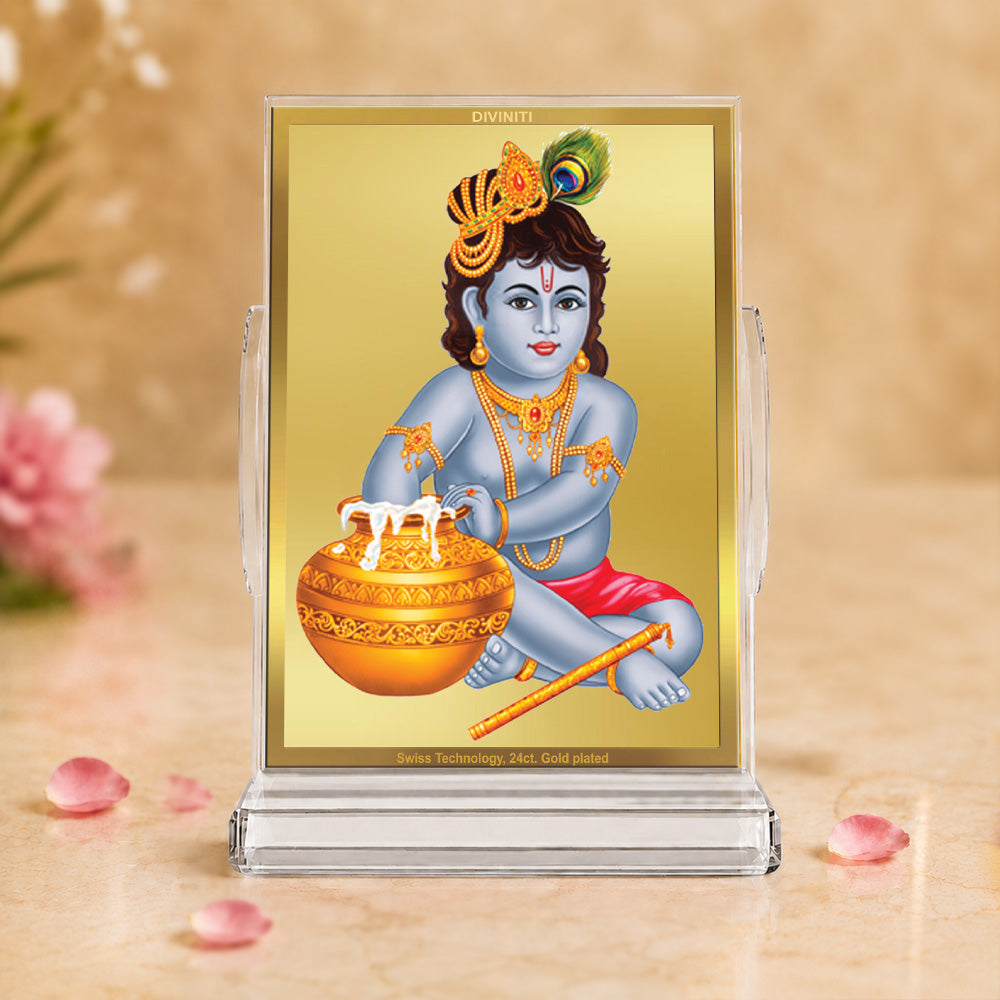 24K Gold-Plated Bal Gopal Acrylic Car Dashboard Frame | 11x7 CM