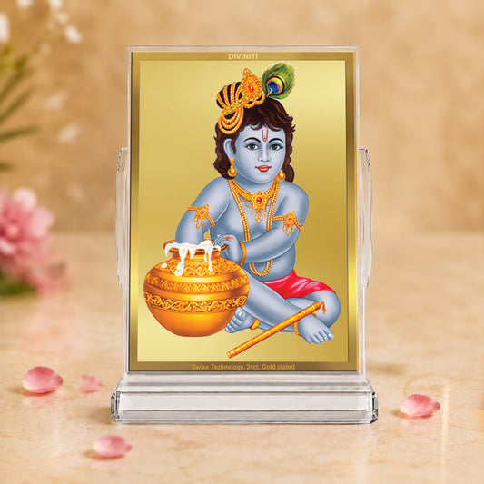 24K Gold-Plated Bal Gopal Acrylic Car Dashboard Frame | 11x7 CM