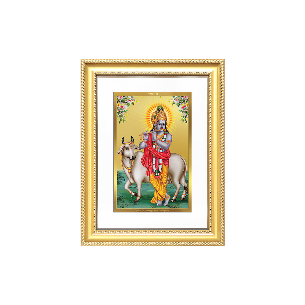 Diviniti 24K Gold Plated Krishna With Surbhi Cow (Classic) Divine Wall Frame for Home Mandir & Office Decor | Luxury Spiritual Gift
