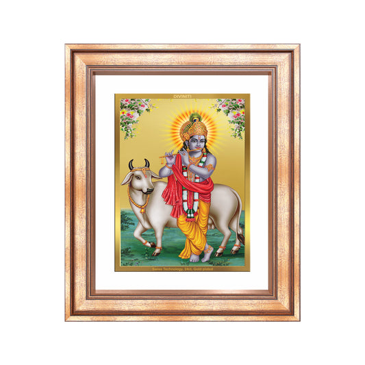 Diviniti 24K Gold Plated Krishna With Surbhi Cow (Classic) Divine Wall Frame for Home Mandir & Office Decor | Luxury Spiritual Gift