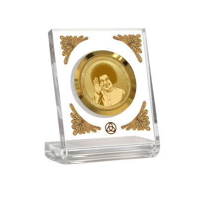 Satya Sai Baba Diviniti Premium Gold on Gold 24K gold plated car dashboard frame in a clear display.