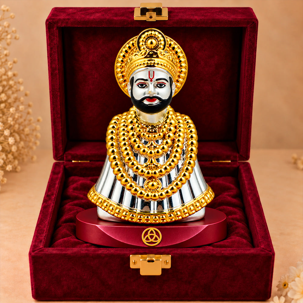 24K Gold & Silver-Plated Khatu Shyam Ji Resin Idol for Car Dashboard | Premium Gift Box | 8.5x6 CM