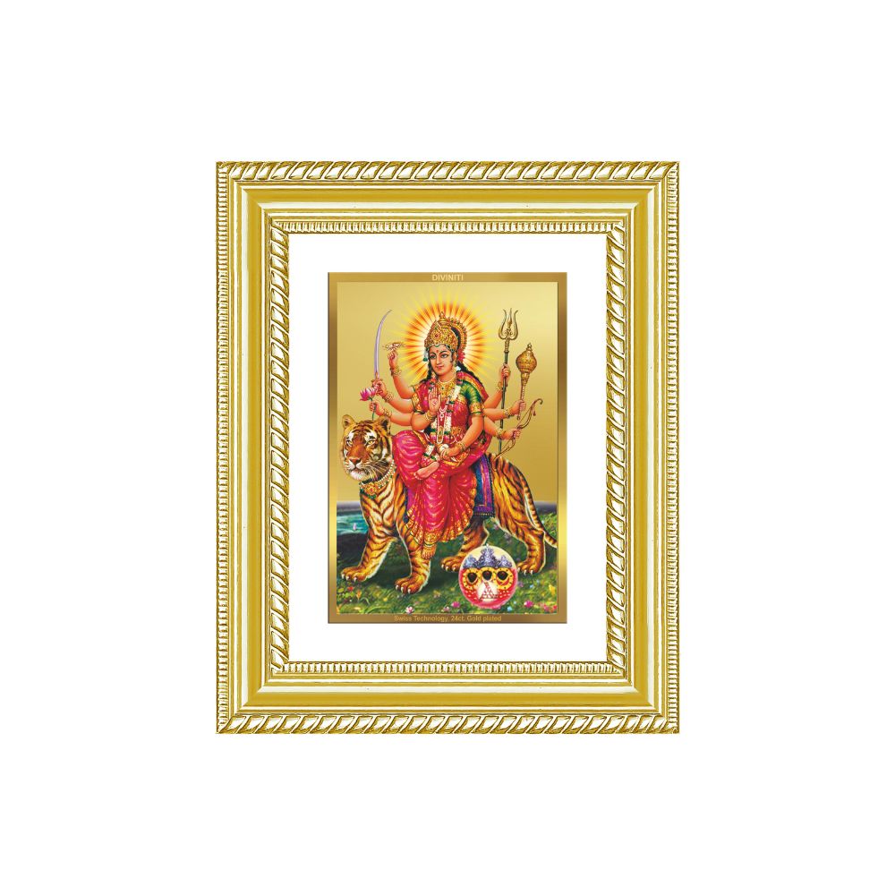 Diviniti 24K Gold Plated Durga - Sherawali Mata With Pind (Classic) Divine Wall and Table Top Frame for Home Mandir & Office Decor | Luxury Spiritual Gift