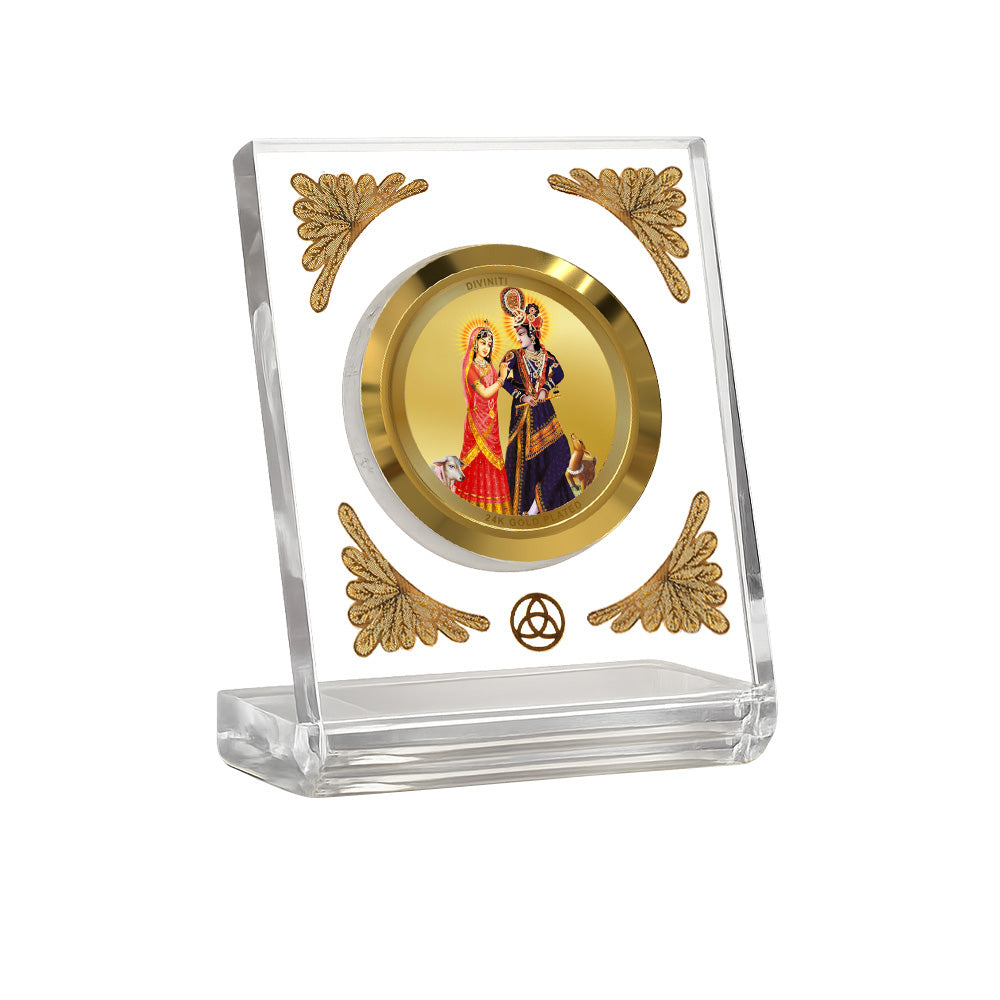 24K Gold Plated Radha Krishna With Cow Acrylic Car Dashboard Frame | 8x7 CM