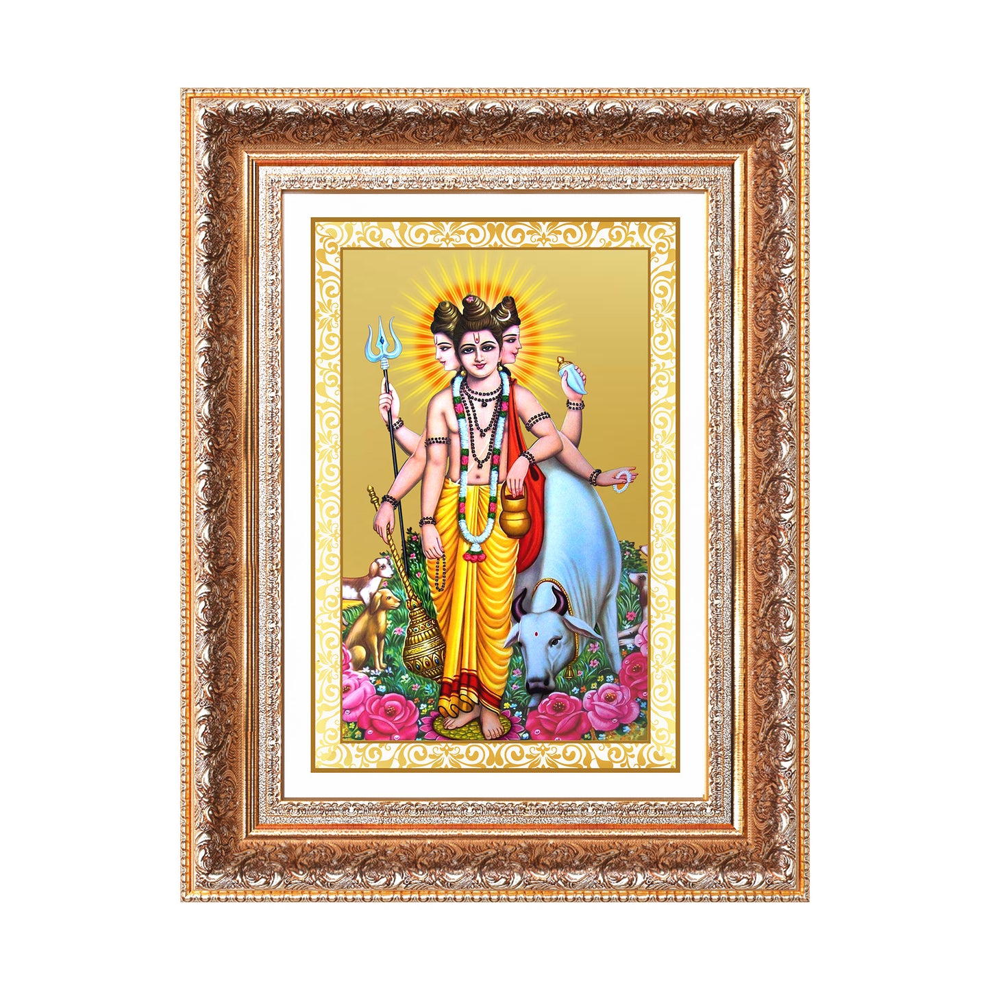 Dattatreya with Kamadhenu | Shri Dattatreya Wall Mount Photo Frame in 24K Gold Plated Foil
