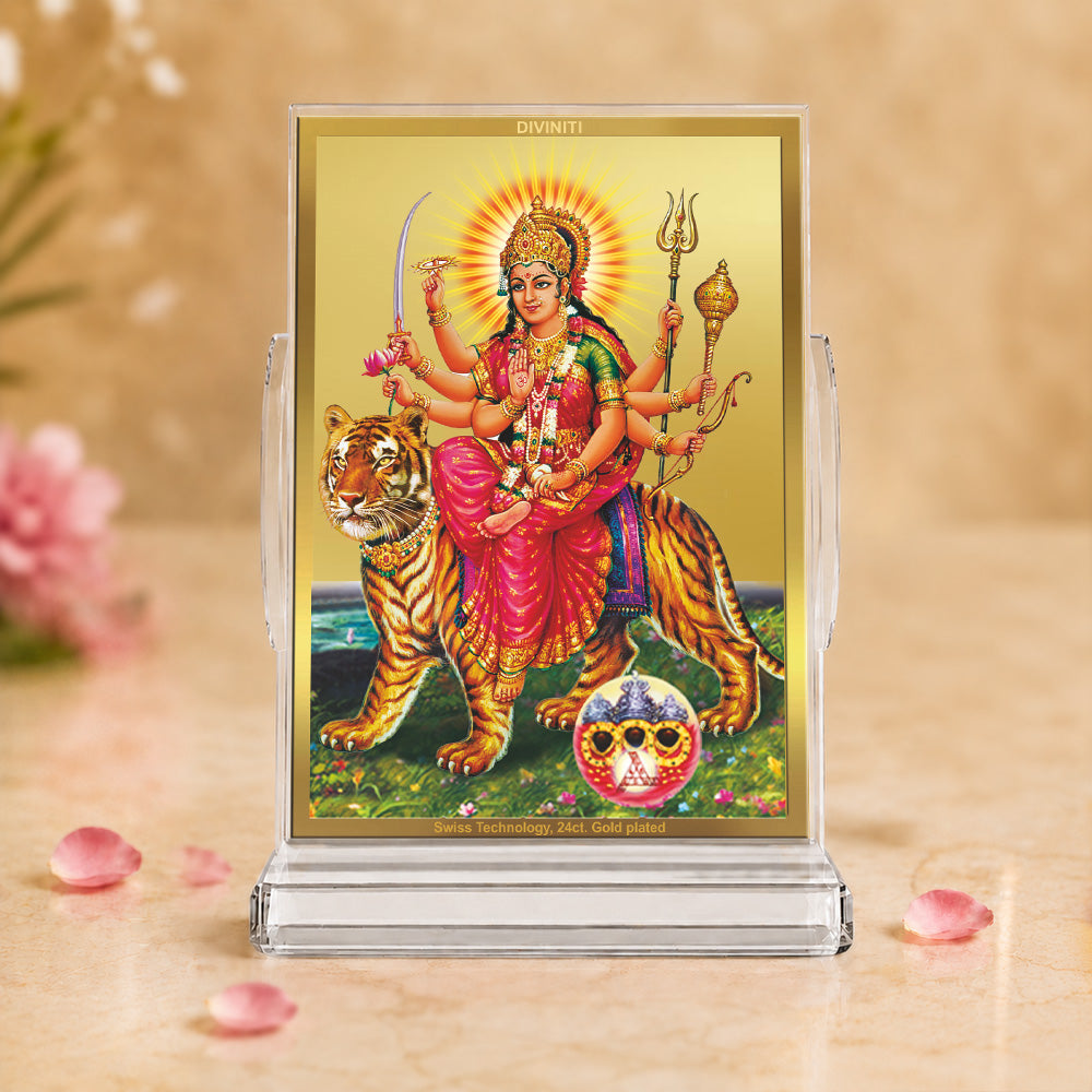 24K Gold-Plated Sherawali Mata with Pindi Acrylic Car Dashboard Frame | 11x7 CM