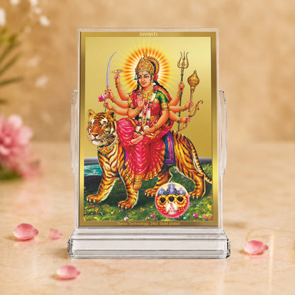 24K Gold-Plated Sherawali Mata with Pindi Acrylic Car Dashboard Frame | 11x7 CM