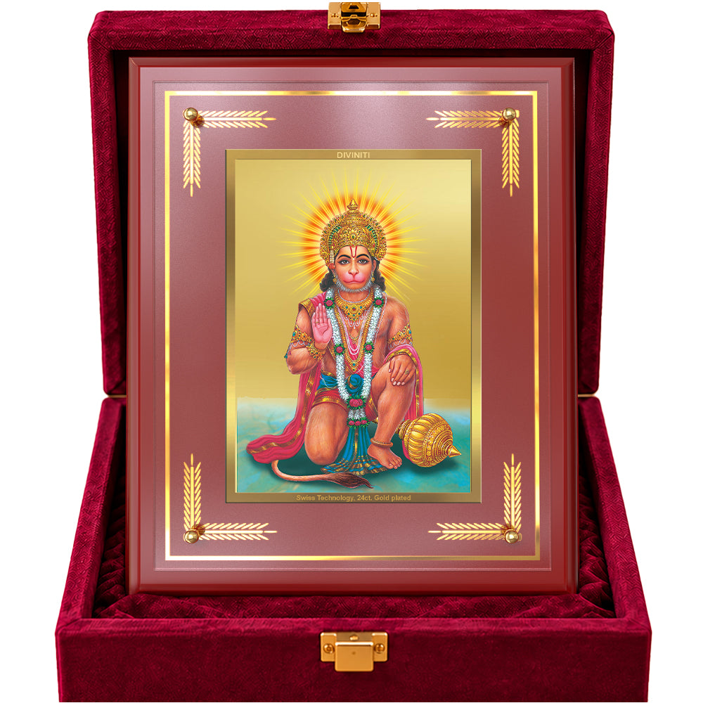 24K Gold-Plated Lord Hanuman MDF Frame | Premium Gift Box | 27x35 CM