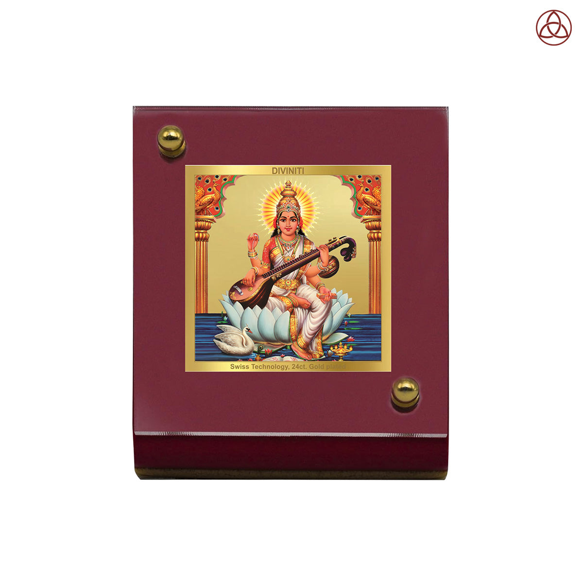 Diviniti 24K Gold Plated Goddess Saraswati Mata Frame For Car Dashboard, Home Decor, Table and Puja (6 CM x 5.5 CM)