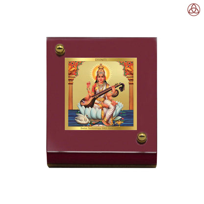 Diviniti 24K Gold Plated Goddess Saraswati Mata Frame For Car Dashboard, Home Decor, Table and Puja (6 CM x 5.5 CM)