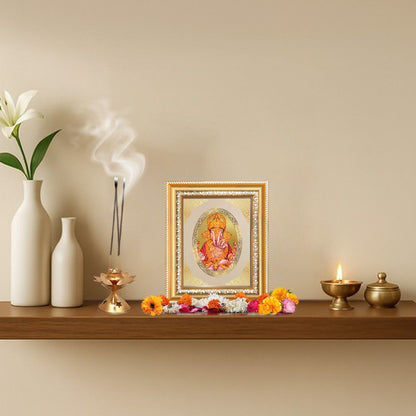Dagdu Sheth Ganpati Divine Ganesha Sacred Prosperity Royal Tabletop Frame in 24K Gold Plated Foil