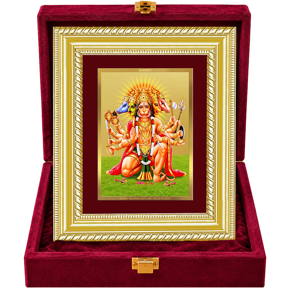 24K Gold-Plated Panchmukhi Hanuman Frame | Premium Gift Box | 21.5x17.5 CM