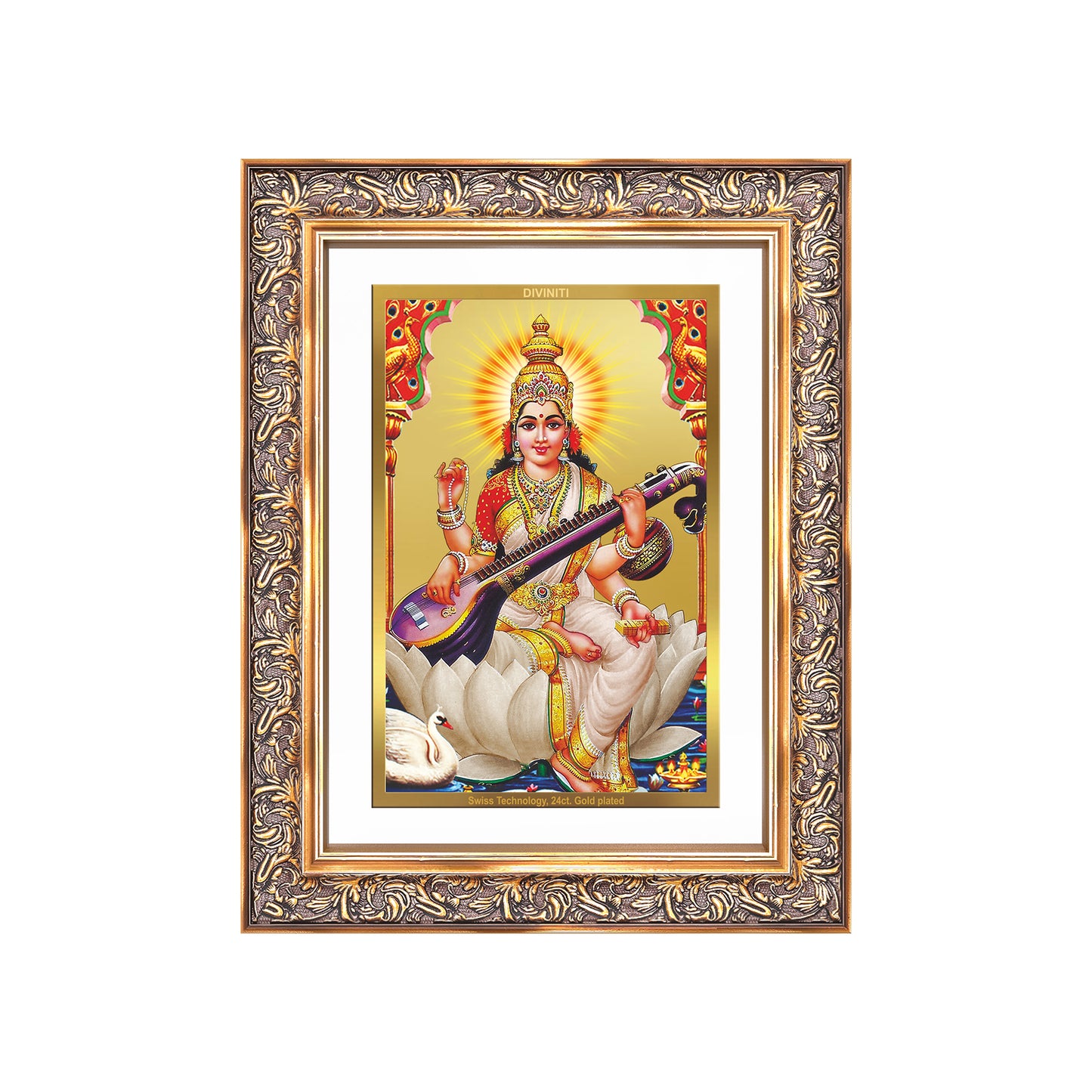 Diviniti 24K Gold Plated Saraswati Mata (Classic) Divine Wall Frame for Home Mandir & Office Decor | Luxury Spiritual Gift