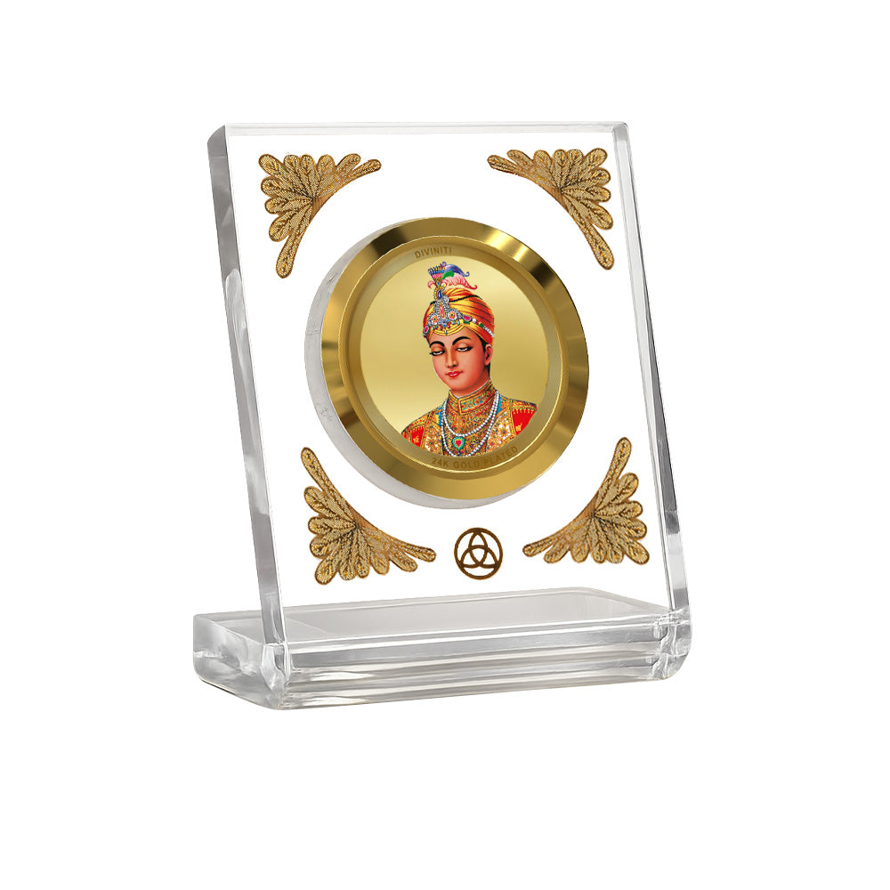 Guru Harkrishan Sahib Ji Diviniti Premium Gold on Gold 24K gold plated car dashboard frame in a clear display.