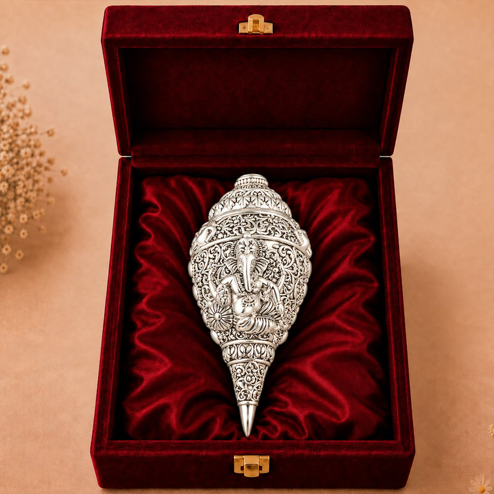 999 Silver-Plated Ganesha Shankh | Premium Gift Box | 12x6 CM