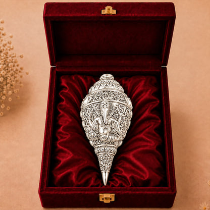 999 Silver-Plated Ganesha Shankh | Premium Gift Box | 12x6 CM
