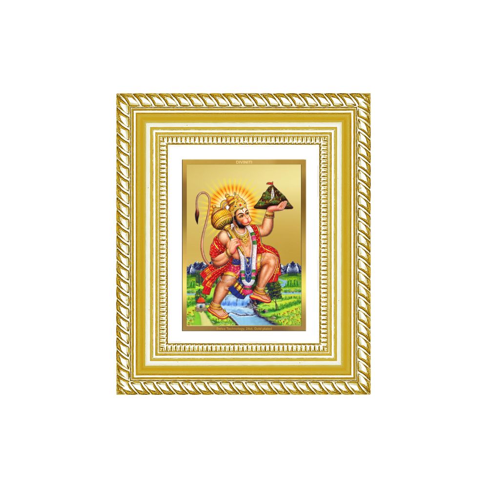 Diviniti 24K Gold Plated Hanuman With Mountain Divine Table Top Frame for Home Mandir & Office Decor | Luxury Spiritual Gift
