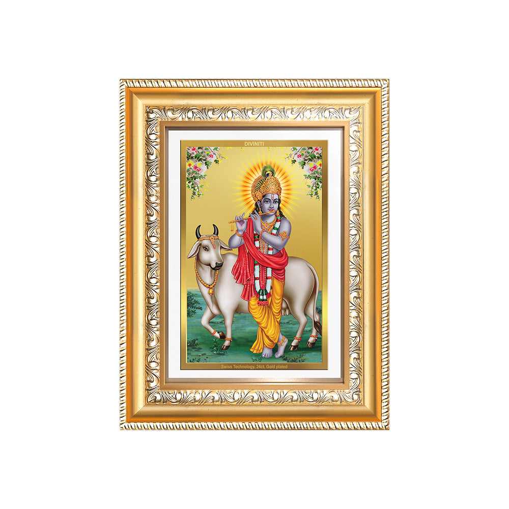Diviniti 24K Gold Plated Krishna With Surbhi Cow (Classic) Divine Wall Frame for Home Mandir & Office Decor | Luxury Spiritual Gift