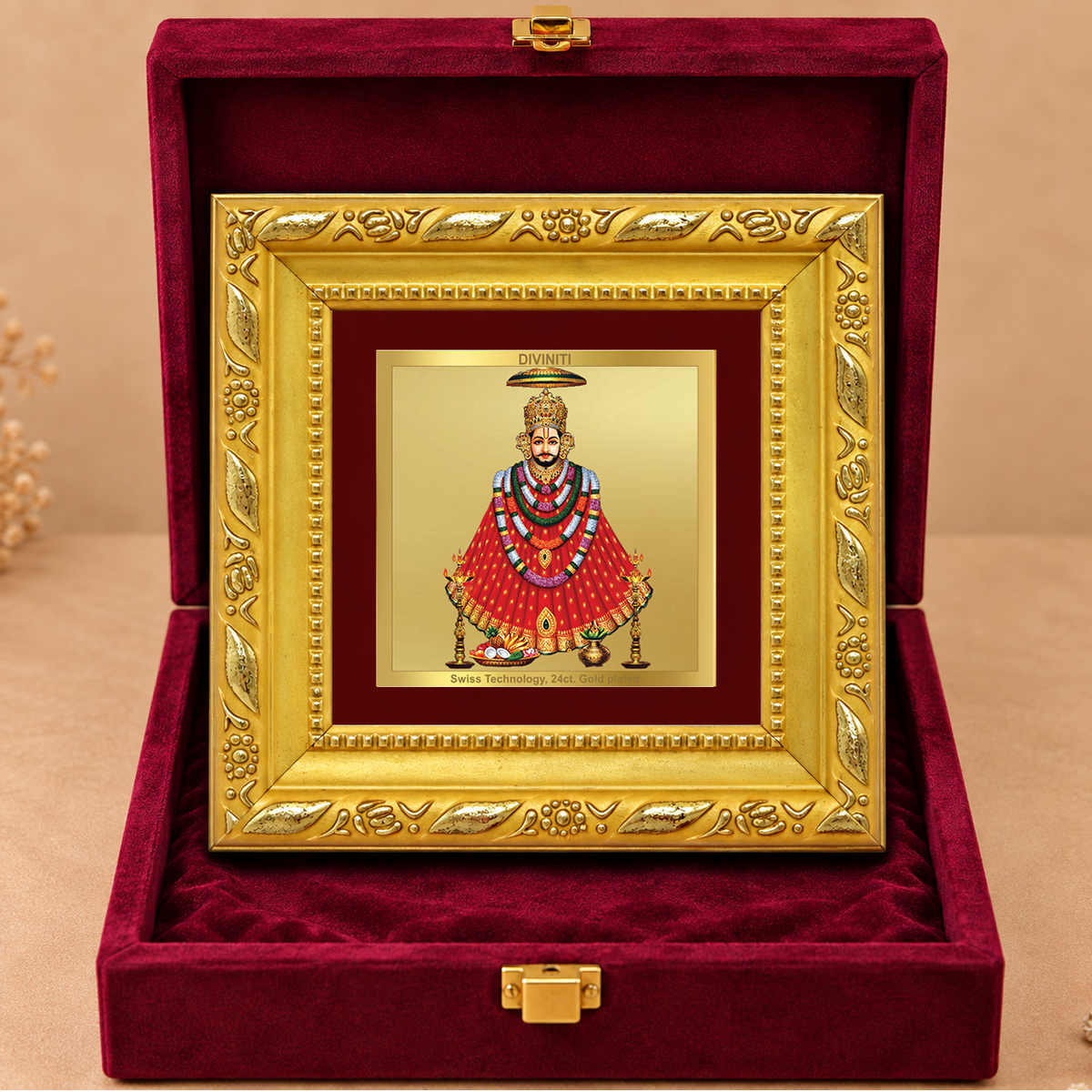 24K Gold-Plated Lord Khatu Shyam Ji Frame | Premium Gift Box | 10x10 CM