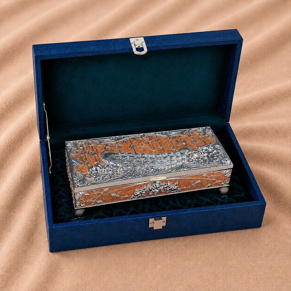 Diviniti Luxury German Silver Peacock 2-in-1 Box | Elegant Peach Multipurpose Gift Box