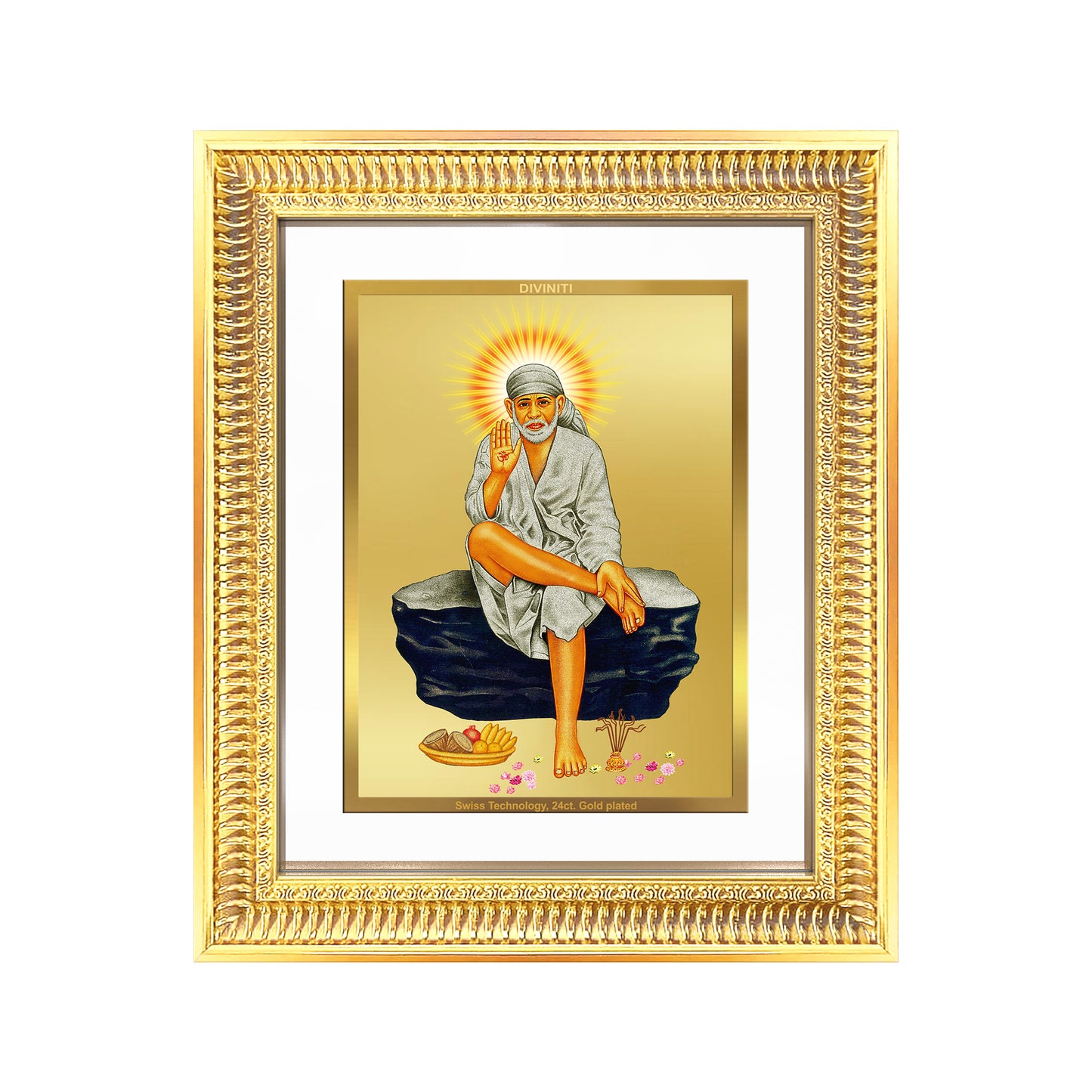 Diviniti 24K Gold Plated Sai Baba (Classic) Divine Wall Frame for Home Mandir & Office Decor | Luxury Spiritual Gift