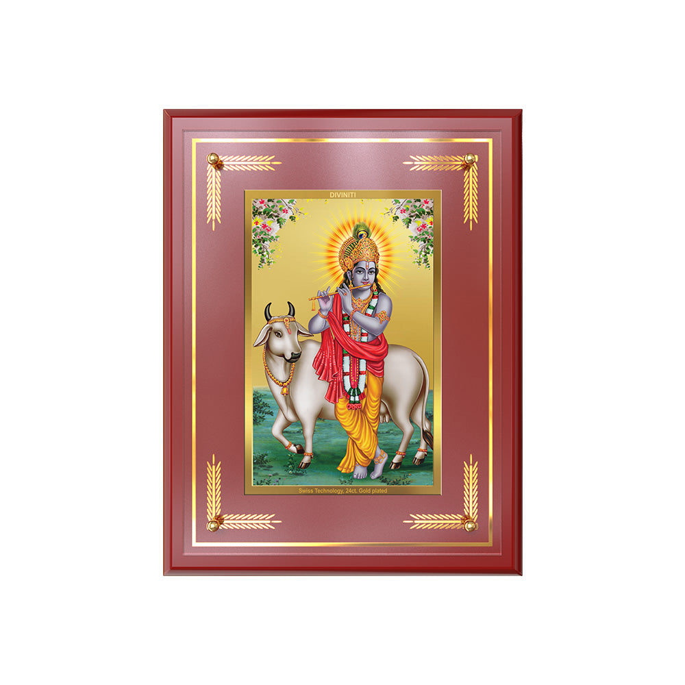 Lord Krishna with Surbhi Cow | Divine Wall and Tabletop Photo Frame in 24K Gold Plated Foil