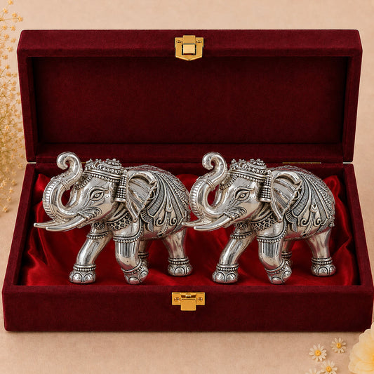 999 Silver-Plated Antique Elephant Pair | Premium Gift Box | 6x8 CM