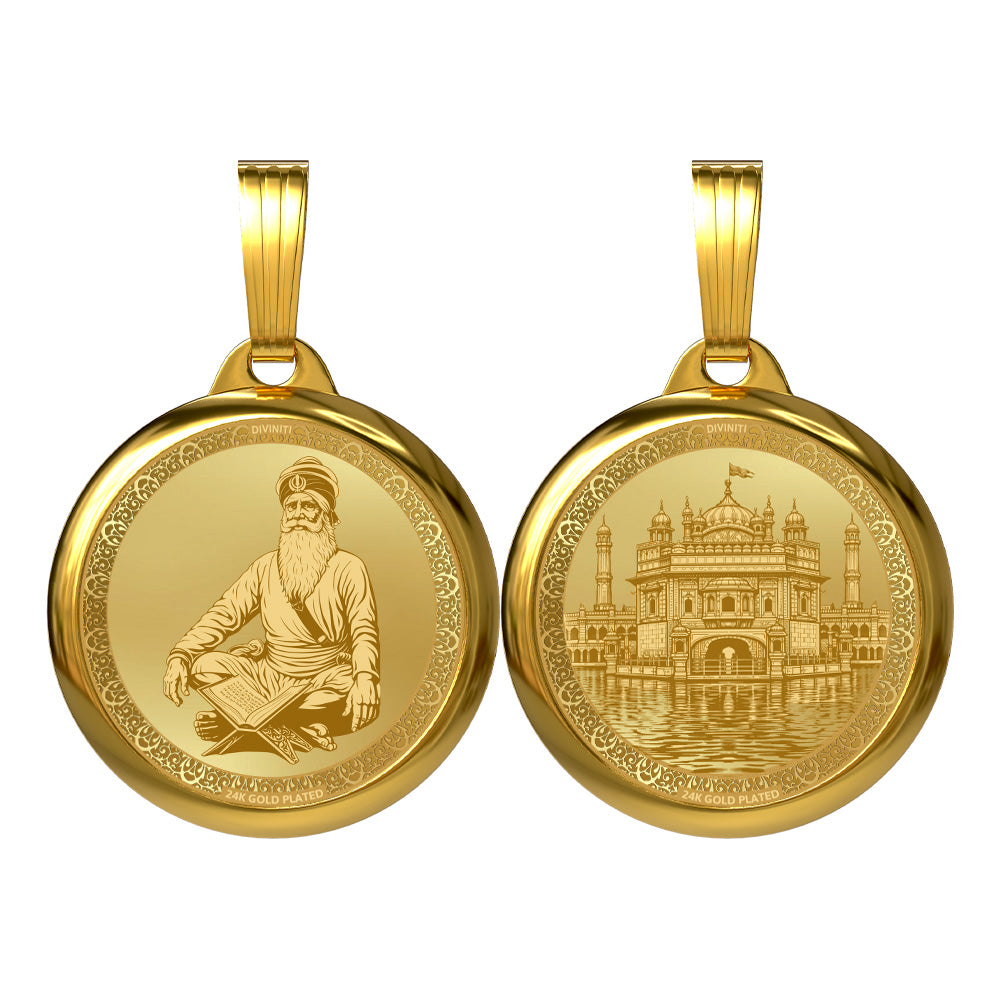 DIVINITI 24K Gold Plated Baba Deep Singh Ji & Golden Temple Pendant – 22mm Double-Sided Spiritual Pendant