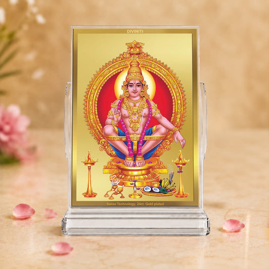 24K Gold-Plated Lord Ayyappan Acrylic Car Dashboard Frame | 11x7 CM
