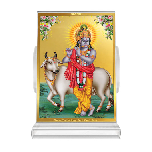 Krishna with Surbhi Cow | Divine Lord Krishna Car Dashboard & Tabletop Photo Frame in 24K Gold Plated Foil