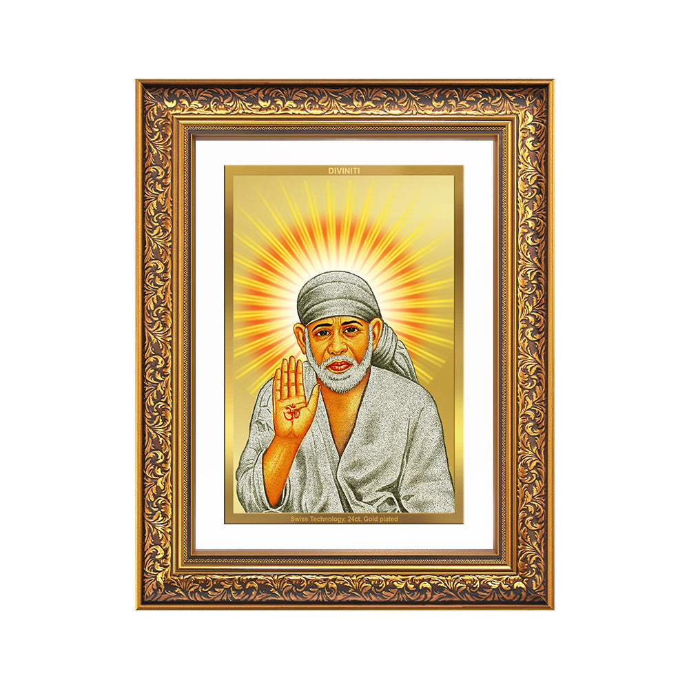 Diviniti 24K Gold Plated Sai Baba With Blessings (Classic) Divine Wall Frame for Home Mandir & Office Decor | Luxury Spiritual Gift