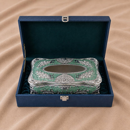 Diviniti Silver-Plated Tissue Holder | Green Enamel Ornate Tissue Box for Luxury Home Décor