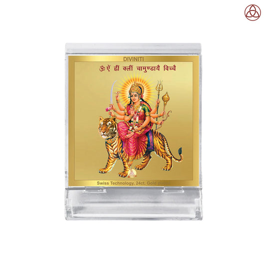 Durga Sherawali with Mantra | Divine Goddess Car Dashboard & Tabletop Photo Frame in 24K Gold Plated Foil