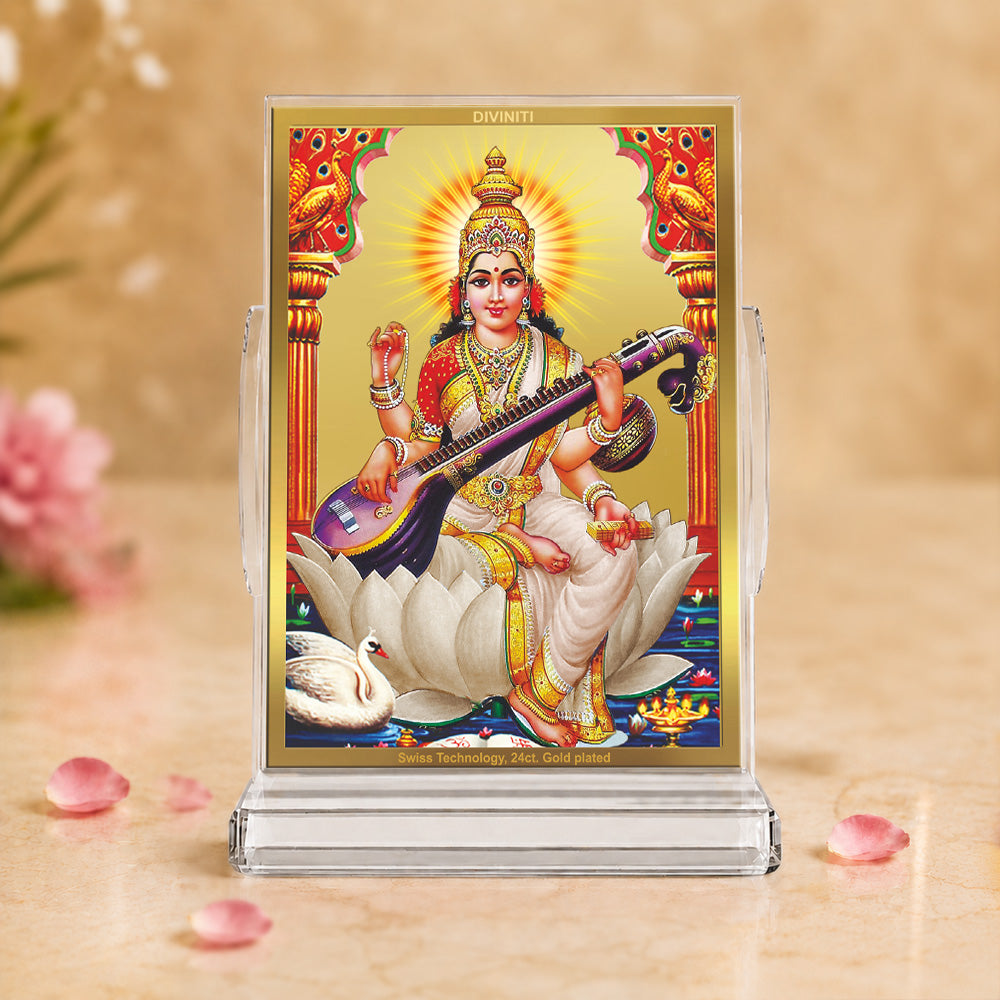 24K Gold-Plated Goddess Saraswati Acrylic Car Dashboard Frame | 11x7 CM