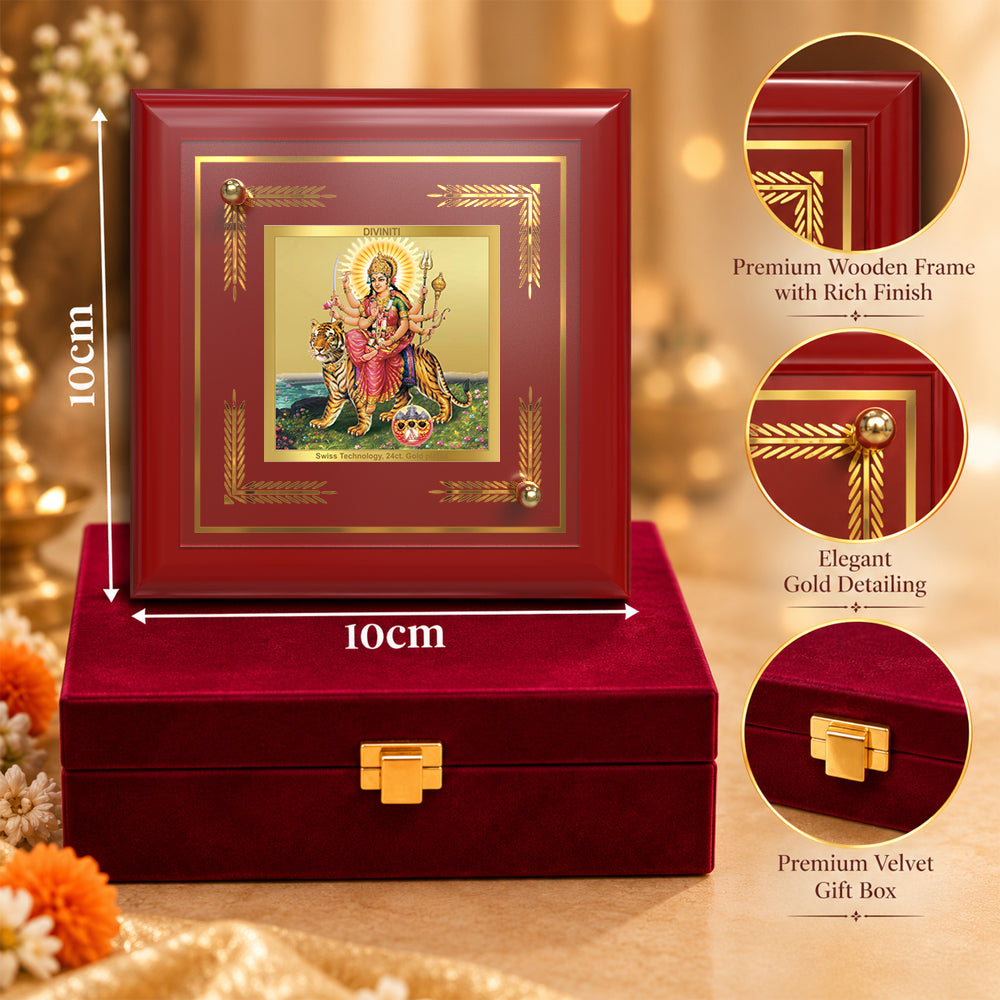 24K Gold-Plated Sherawali Mata with Pindi MDF Frame | Premium Gift Box | 10x10 CM