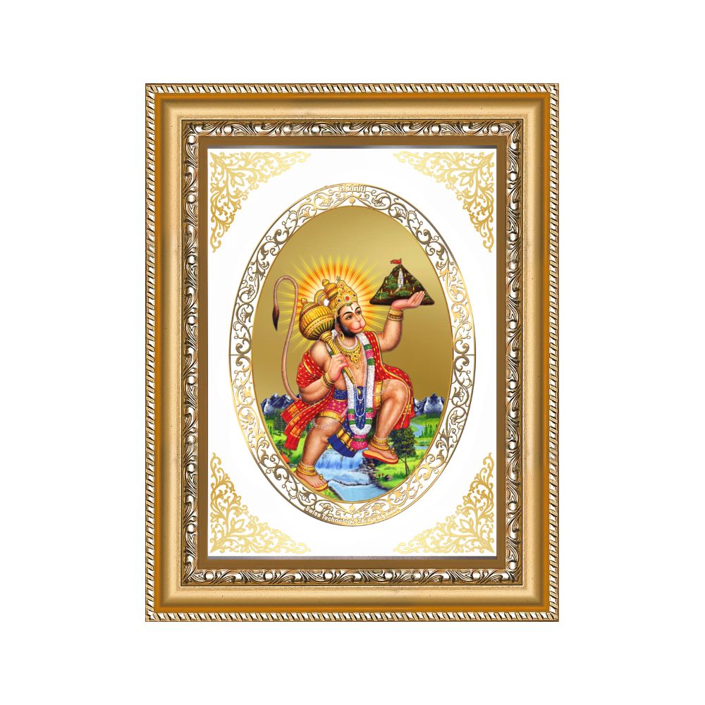 Hanuman with Sanjeevani Mountain | Divine Wall & Tabletop Royal Photo Frame in 24K Gold Plated Foil