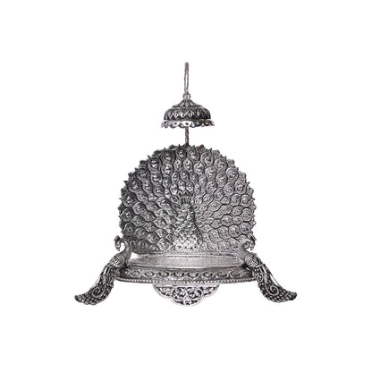 Pure Silver Singhasan Mandir Vintage Peocock Design Divine Pooja Stand Handcrafted Temple Art (24x8x26 cm,578g)