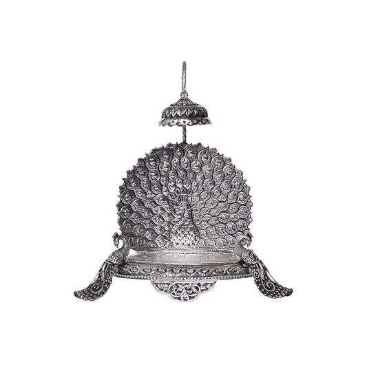 Pure Silver Singhasan Mandir Vintage Peocock Design Divine Pooja Stand Handcrafted Temple Art (24x8x26 cm,578g)