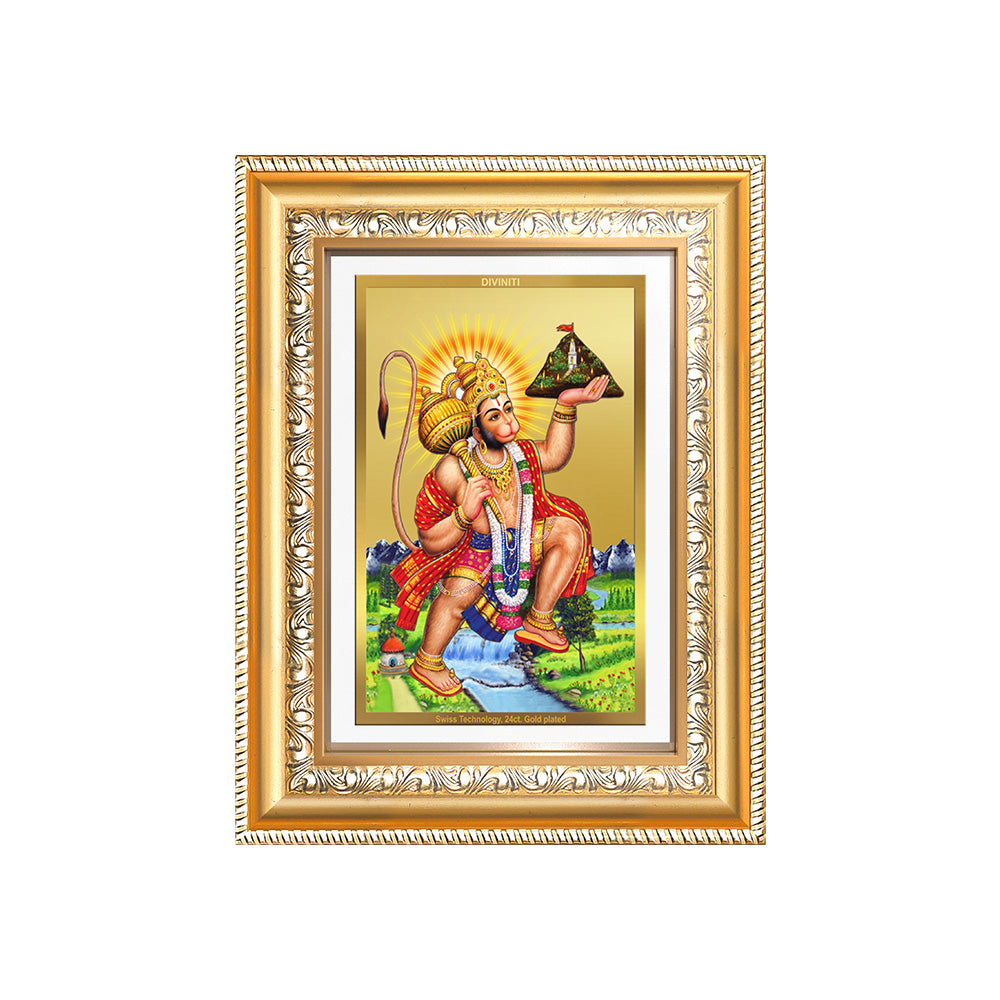 Diviniti 24K Gold Plated Hanuman With Mountain (Classic) Divine Wall Frame for Home Mandir & Office Decor | Luxury Spiritual Gift