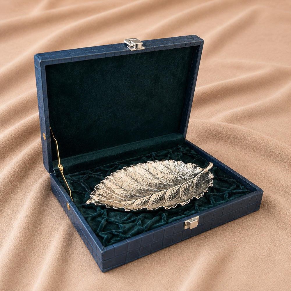 Diviniti Silver-Plated Leaf Decorative Platter | Luxury Long Leaf Serving Tray for Home & Table Décor