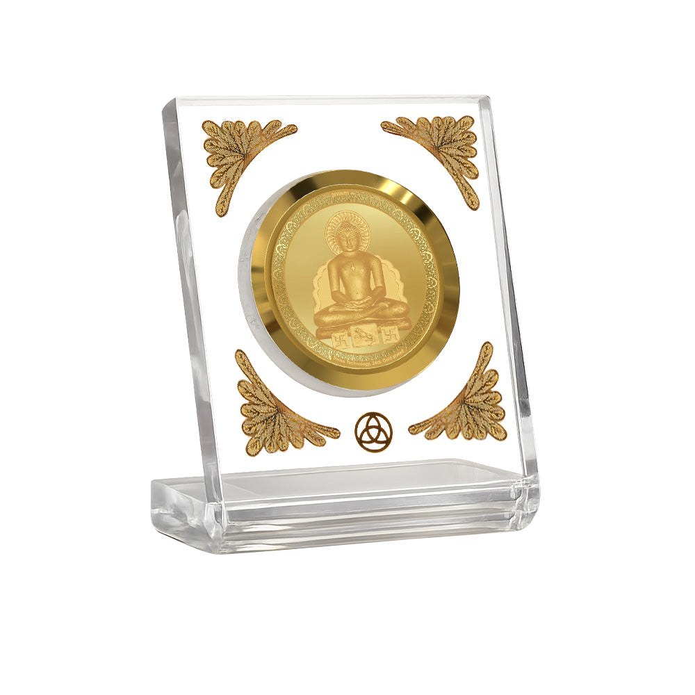 Lord Mahavir Diviniti Premium Gold on Gold 24K gold plated car dashboard frame in a clear display.