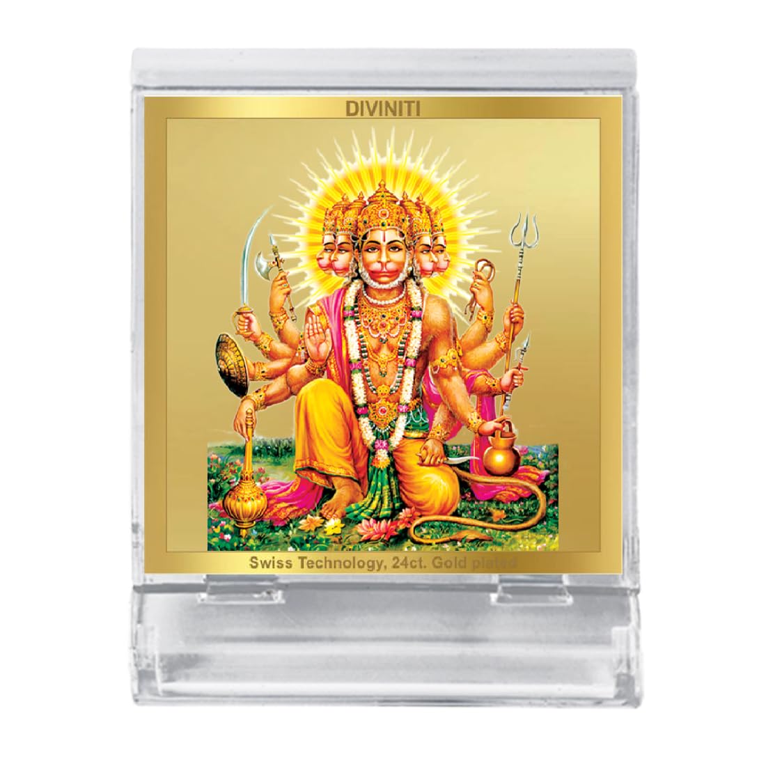 Diviniti 24K Gold Plated Panchmukhi Hanuman Acrylic Frame for Car Dashboard, Home Decor, Tabletop, Puja Room, Festival Gift ACF3A (5.8x4.8 CM)