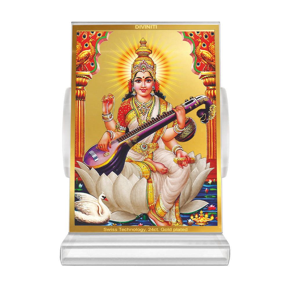 Goddess Saraswati Mata | Spiritual Car Dashboard & Tabletop Frame in 24K Gold Plated Foil