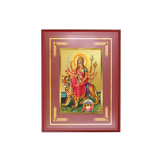 Diviniti 24K Gold Plated Durga Sherawali Mata with Pind Wall Hanging Photo Frame | Strength, Protection & Divine Grace