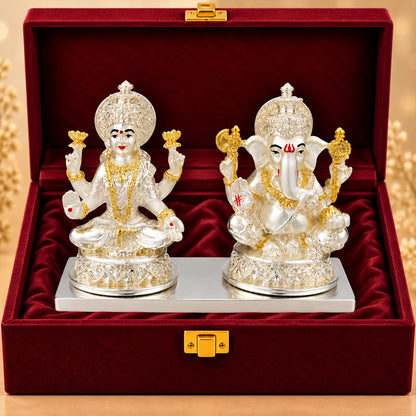 999 Silver-Plated Dual-Tone Laxmi Ganesha Idol | Premium Gift Box | 10x13 CM