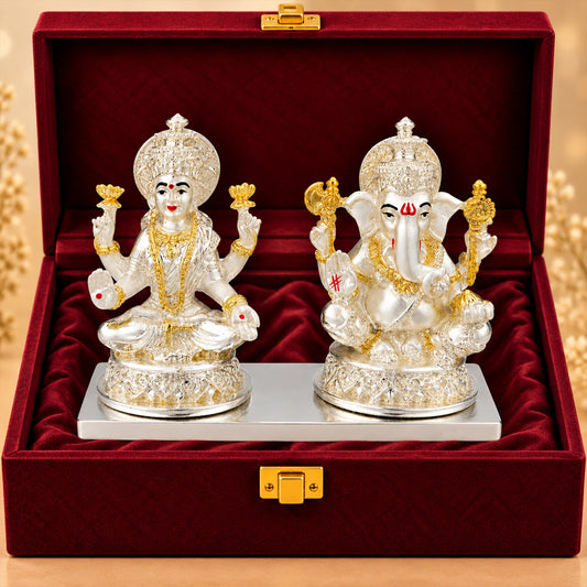 999 Silver-Plated Dual-Tone Laxmi Ganesha Idol | Premium Gift Box | 10x13 CM